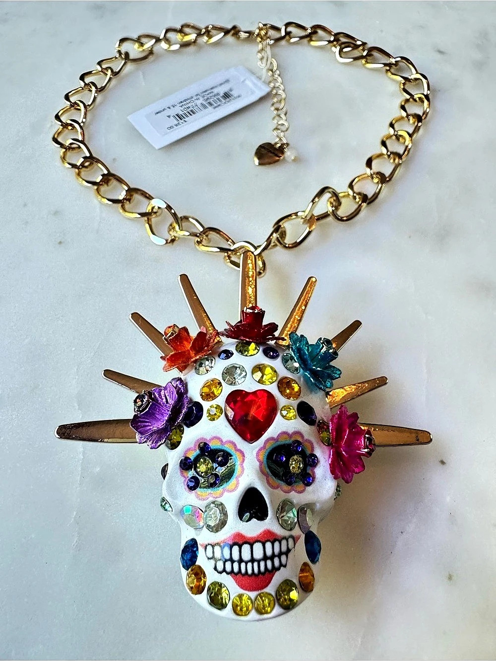 Betsey Johnson Sugar Skull Statement Necklace Gold & White NWT